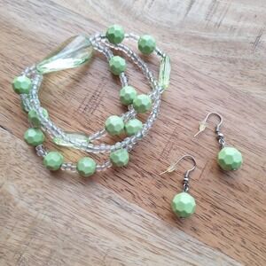 Bracelet Dangle Earring Set Green Faceted Bead Stretchy Jewelry Women Plastic‎
